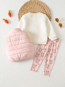 Cozy Pixies 3件組女嬰休閒舒適百搭可愛兔子刺繡圓領加厚抓絨棉背心外套附鬆緊腰長褲套裝，秋冬可愛滑雪、外出、日常、玩耍、假日穿搭 - 彩色 - 查看 2