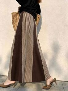 SHEIN Women Vintage ColorBlock Vertical Stripe Knit Maxi Skirt, Fall Winter New Arrival. Chic Brown Tone, Soft Knit Material. Perfect For Commuting, Daily, - Multicolor - View 5