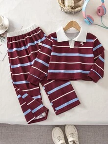 SHEIN Playful Pals 女款復古條紋兩件套，休閒上衣搭配條紋寬腿褲，適合校園、日常、秋冬休閒穿著 - 棕色 - 查看 8