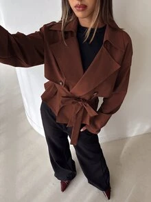 Aloruh Women's Elegant Street Style Button Lapel Trench Coat - Rust Brown - View 8