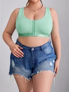 SHEIN CURVE+ 大尺碼簡約純色前扣式內衣背心，Curve Plus，Hoho Vacation - 薄荷綠 - 查看 5