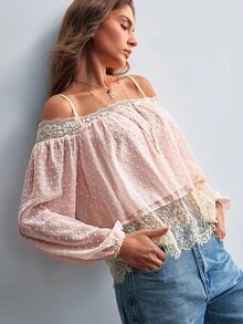 Willow Rêve Women's Chiffon Cut-Out Contrast Lace Long Sleeve Pink Camisole Top - Pink - View 6