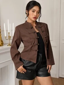EastFlair Plus Size Women's Solid Color Casual Daily Long Sleeve Jacket - Brown - View 1