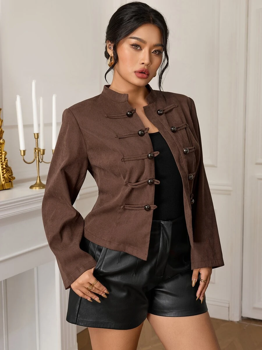 EastFlair Plus Size Women's Solid Color Casual Daily Long Sleeve Jacket - Brown - View 1