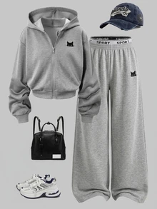 SHEIN Genkimix Kids 女童貓咪圖案拉鍊連帽外套與寬腿運動長褲2件套，休閒寬鬆運動休閒服 - 灰色 - 查看 1