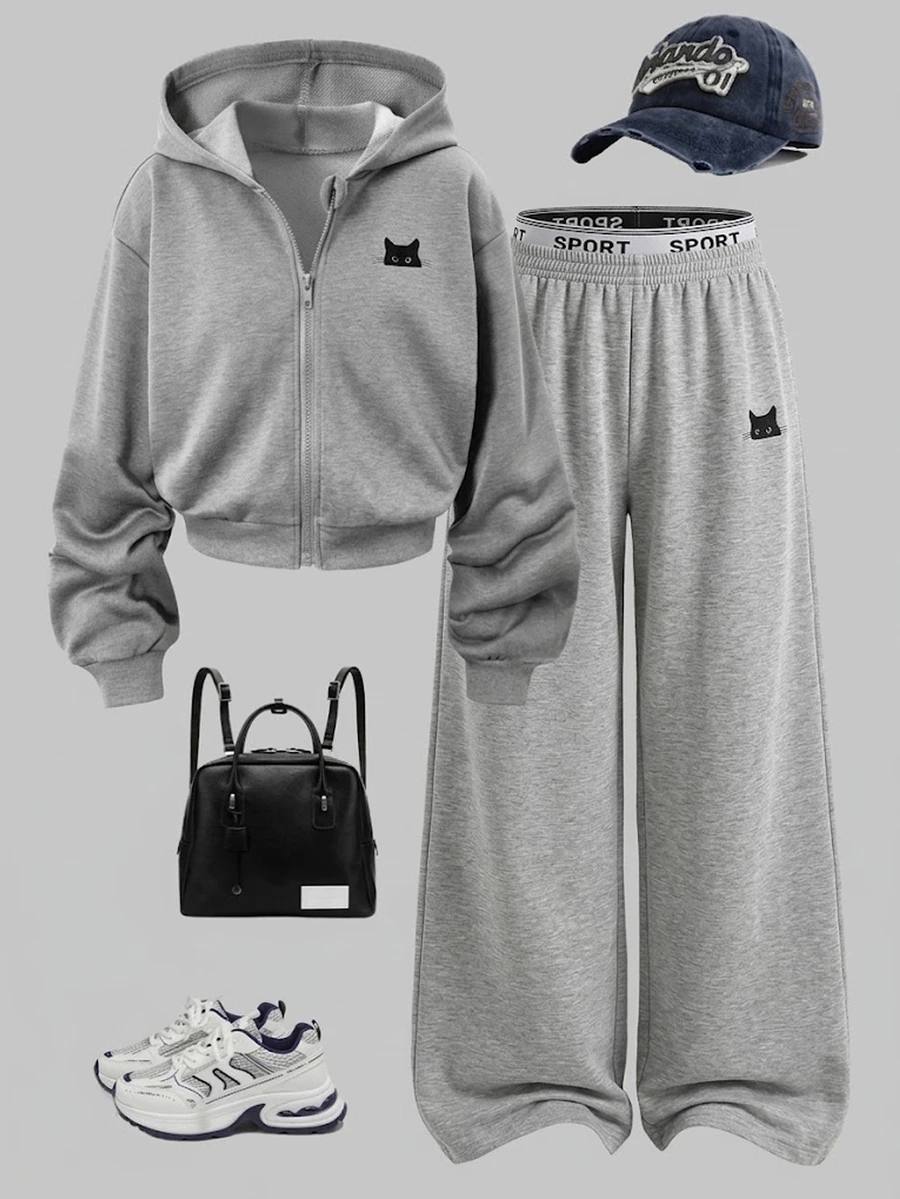SHEIN Genkimix Kids 女童貓咪圖案拉鍊連帽外套與寬腿運動長褲2件套,休閒寬鬆運動休閒服 - 灰色 - 查看 1