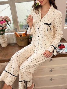 Snug Reverie Women's Apricot Star Print Romantic Fresh Style Long Sleeve & Long Pants Pajama Set, Bow Design On Cuffs And Ankles, Suitable For All Seasons, Home And Outdoor Wear - Apricot - View 6