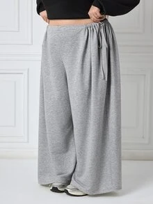 SHEIN CURVE+ Plus Size Women's Solid Color Side Waist Knot Wide Leg Pants, Casual Versatile All-Match Style For Autumn/Winter, Suitable For Daily Wear - Grey - View 3