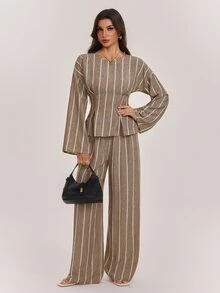 SHEIN Tall Women's Modest-Style Khaki Striped Long-Sleeve Top And Trousers Two Pieces Set - Khaki - View 1