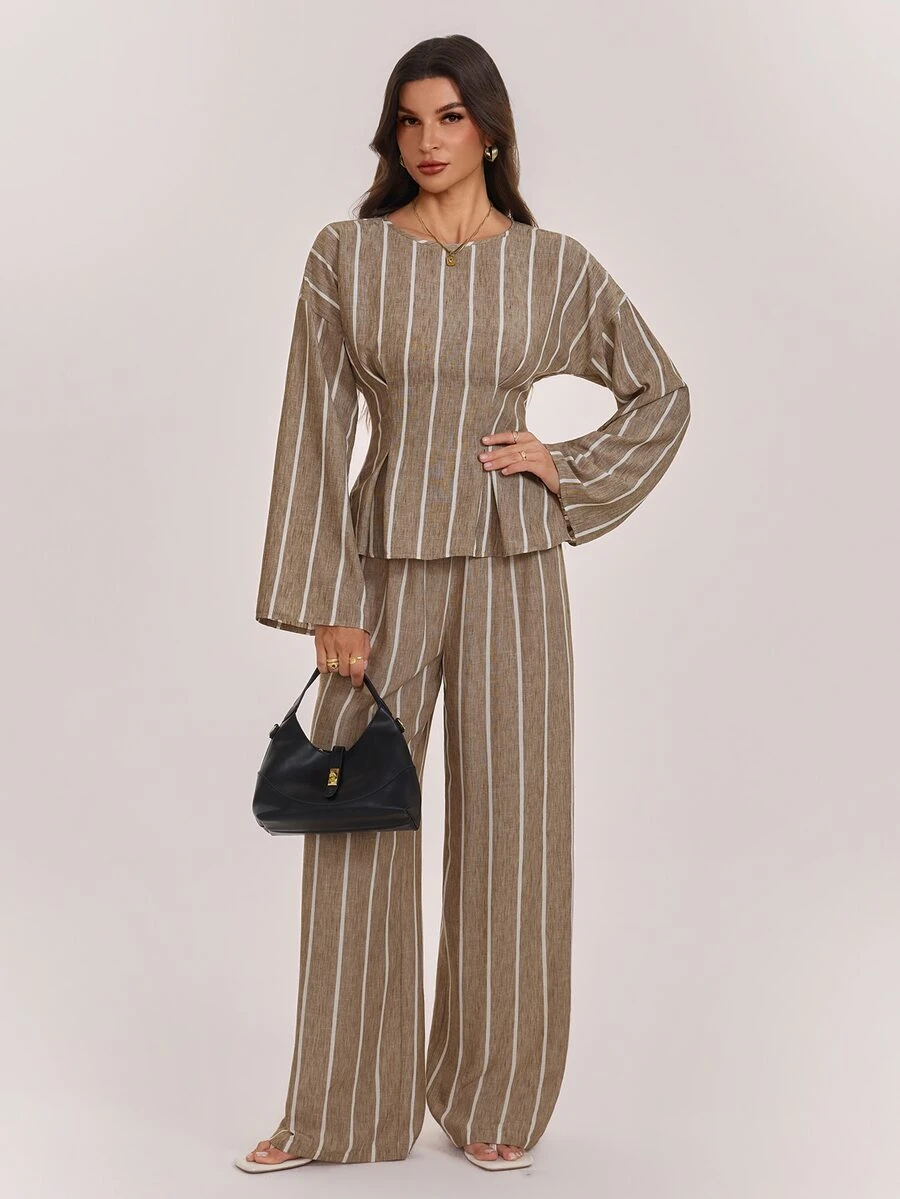 SHEIN Tall Women's Modest-Style Khaki Striped Long-Sleeve Top And Trousers Two Pieces Set - Khaki - View 1
