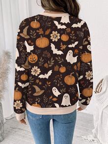 Comfylo Brown Pumpkin Maple Leaf Floral Casual Minimalist Plus Size Sweatshirt Suitable For Holiday Wear - Multicolor - View 2