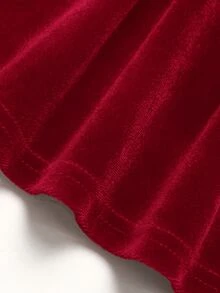 SHEIN 女童秋冬四季款酒紅色天鵝絨3D蝴蝶結裝飾收腰抓褶公主洋裝，適合派對穿著 - 紅色 - 查看 5