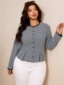 Elaquor Plus Size Women's Plaid Long Sleeve Single-Breasted Elegant Blouse - Brown - View 6