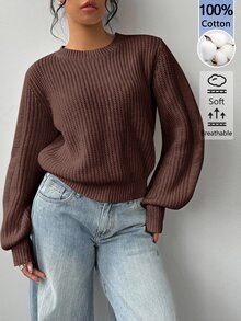 SHEIN BASICS 女款純色圓領長袖休閒寬鬆百搭針織衫 - 咖啡棕 - 查看 1