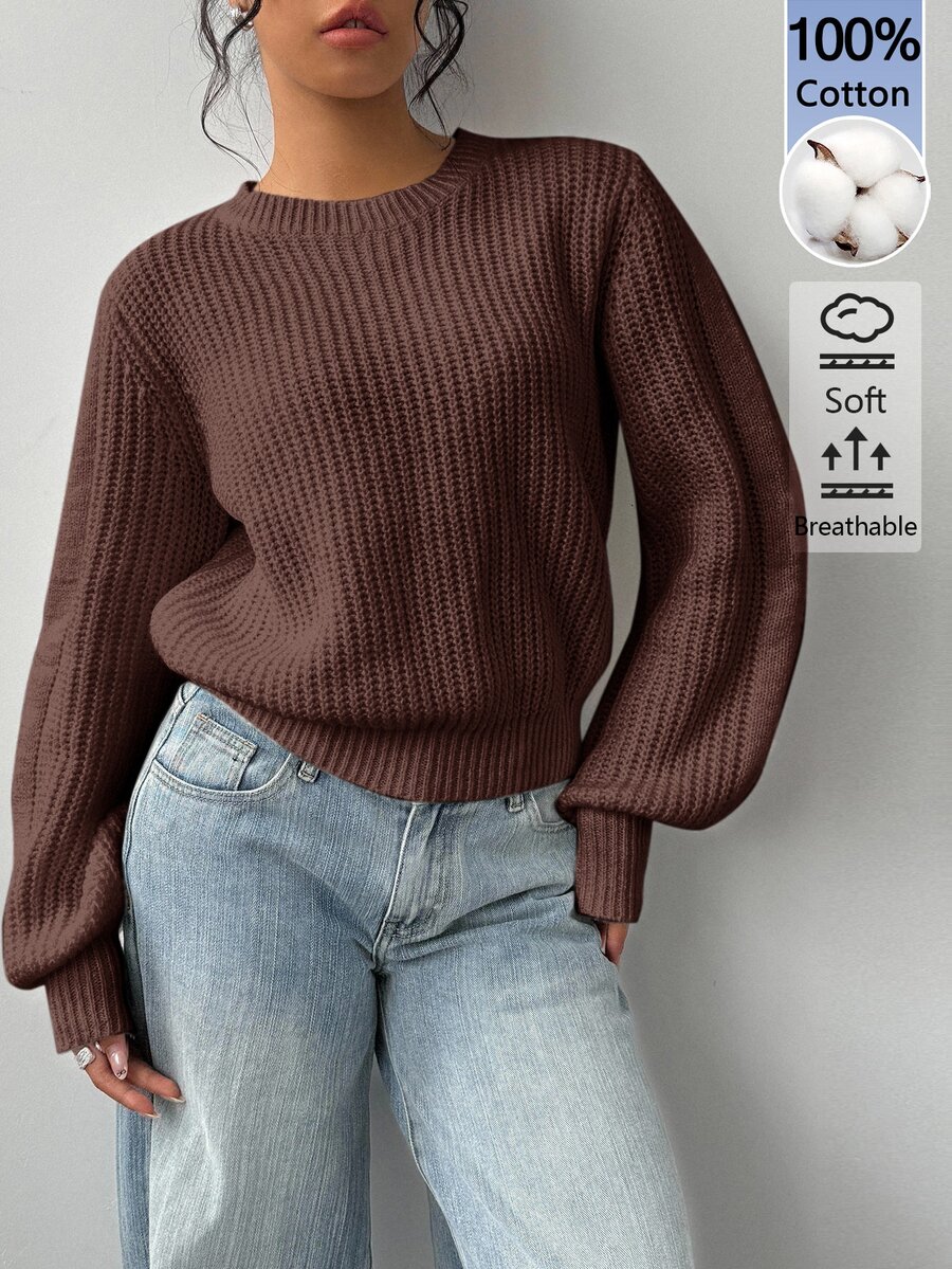 SHEIN BASICS 女款純色圓領長袖休閒寬鬆百搭針織衫 - 咖啡棕 - 查看 1