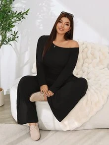 Solflare 大尺碼女款秋冬黑色休閒長袖高彈力T恤與寬鬆長褲兩件套 - 黑色 - 查看 6