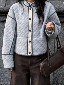 Selianne Diamond Quilted Padded Short Jacket, Contrast Color Placket, Stand Collar, Single-Breasted, Large Pockets, Loose Fit, Light Grey, Fall Women - Grey - View 4