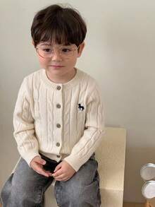Hapijoa Infant (Boy) Round Neck Cable Knit Cartoon Embroidered Long Sleeve Solid Color Sweater - White - View 4