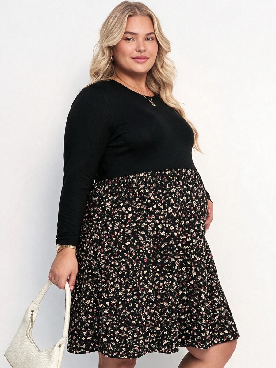 Plussiva Plus Size Maternity Colorblock Casual Daily Summer Dress - Black - View 1