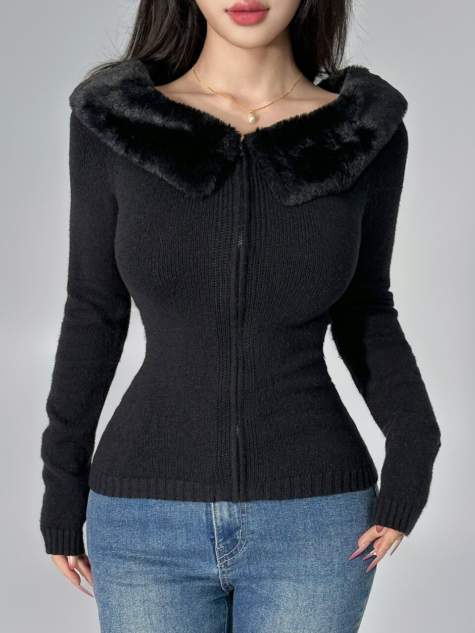 Women's Black V-Neck Fuzzy Patchwork Off-Shoulder Fitted Knit Sexy Date Party Commute Cardigan Sweater, Autumn/Winter