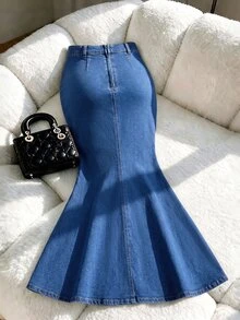 GlowEve Women's Patchwork Floral Embroidered Mesh Mermaid Tail Elegant Denim Skirt - Blue - View 2