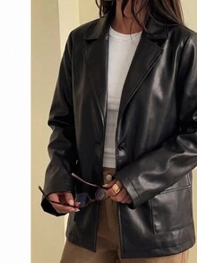 EMERY ROSE Women's PU Leather Blazer Jacket With Lapel Collar, Single Button, Large Patch Pockets, Loose Casual Fit - Black - View 3