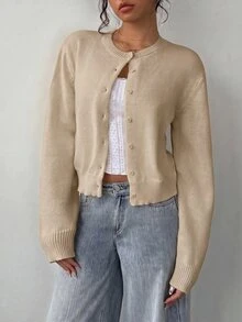 SHEIN 青少年女孩純色長袖單排扣休閒針織開襟衫 - 卡其色 - 查看 5