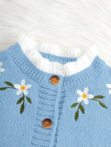 SHEIN 女童針織刺繡拼色立領休閒秋季開襟羊毛衫 - 藍色 - 查看 5