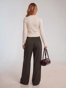 Avantive Women's Solid Color Asymmetric Button Placket Pocket Casual Suit Pants - Rust Brown - View 2