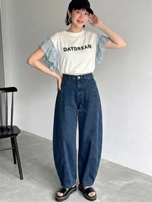 DAZY 女款純色寬鬆弧形腿休閒街頭夏季牛仔短褲 牛仔吊帶褲與連身褲 - 藍色 - 查看 3