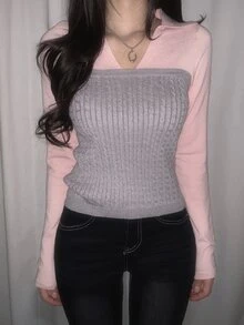 DAZY Women's Colorblock Fitted Long Sleeve Collared Cable Knit Casual Vacation Korean Style Versatile Everyday Autumn/Winter Sweater - Grey - View 9