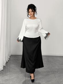 Elenzga Plus Size Elegant Commuter Style Long Sleeve Top Flared Skirt 2 Pieces Set Brunch Office All White Black Fall - Black - View 3