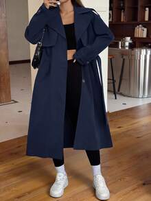 SHEIN EZwear 1件女款素色梭織長版繫帶前開扣風衣外套，秋冬款 - 藏蓝色 - 查看 4