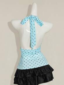 SHEIN ICON 掛脖深V領收腰A字露背波點背心上衣 - 淺藍色 - 查看 2