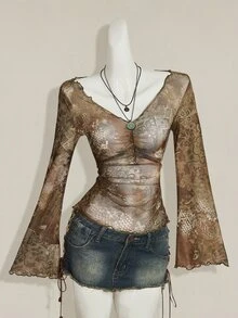 SHEIN ICON 秋季女款西式波希米亞風青色滿版印花V領抓褶優雅長袖襯衫 - 彩色 - 查看 3