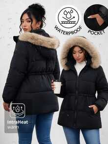 Easura Plus Size Hooded Cinched Waist Long Sleeve + Detachable Fur Collar Padded Coat - Black - View 4
