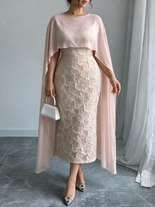 Elenzga Women's Plus Size Luxury Elegant Dress, Embossed Jacquard Bodycon Skirt With Flowy Tulle Cape Set - Pink - View 7