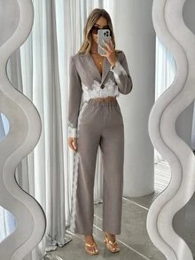 Siren Gaze Women's Short Lace Patchwork Blazer And Pants Set - Khaki - View 3