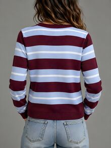 SHEIN PariChic 女款條紋長袖單排扣休閒針織開襟衫 - 酒紅色 - 查看 2