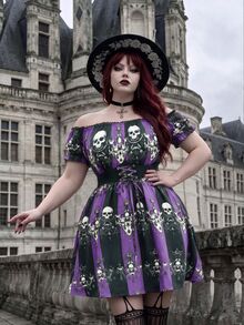 Whyspr Gaun Ukuran Plus Terbaru untuk Halloween, Model A-Line dengan Motif Tengkorak, Bahu Terbuka, Patchwork Renda, dan Potongan Pinggang yang Mengencangkan. - MultiWarna - View 3