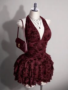 SHEIN ICON 女款大尺碼花卉印花時尚派對掛脖洋裝 冬季 - 酒紅色 - 查看 4