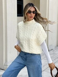SHEIN Frenchy Women's Autumn/Winter Cable Knit Stand Collar Casual Loose Knit Top,Fall/Winter Elegant Formal Luxury Business Chic Basic Christmas - Multicolor - View 1