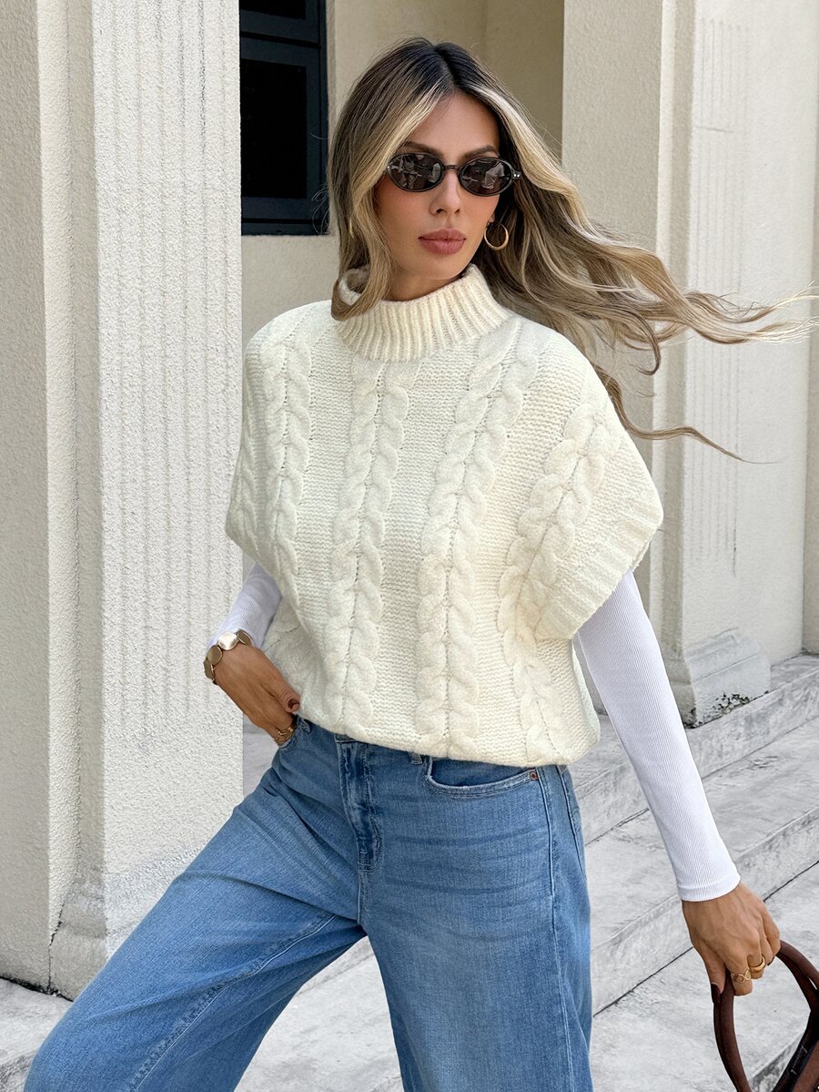 SHEIN Frenchy Women's Autumn/Winter Cable Knit Stand Collar Casual Loose Knit Top,Fall/Winter Elegant Formal Luxury Business Chic Basic Christmas - Multicolor - View 1