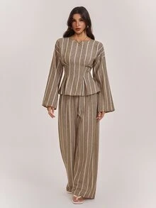 SHEIN Tall Women's Modest-Style Khaki Striped Long-Sleeve Top And Trousers Two Pieces Set - Khaki - View 3