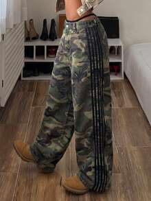StreetHx Women's Camouflage Pattern Side Stripe Wide Leg Loose Jeans - Army Green - View 4