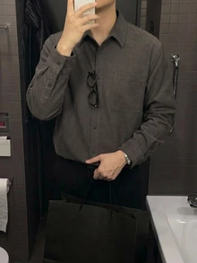 DAZY Spring/Autumn Grey Solid Color Korean Style Casual Men's Shirt - Grey - View 4