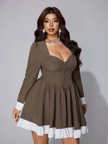 Viva Relle Plus Size Women Sweetheart Neck Long Sleeve Button Design Elegant Colorblock Dress - Mocha Brown - View 7