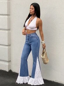 Rivivi 低腰高彈力棉質蕾絲拼接喇叭牛仔褲 - 藍色 - 查看 5