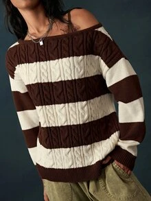 Bohemela Sweater Lengan Panjang Wanita Gaya Korea dengan Bahu Asimetris dan Motif Garis-Garis Blok Warna - Hitam dan Putih - View 6