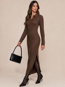 Amorya Women's Solid Color Lapel Long Sleeve Side Slit Hem Elegant Long Dress - Coffee Brown - View 5